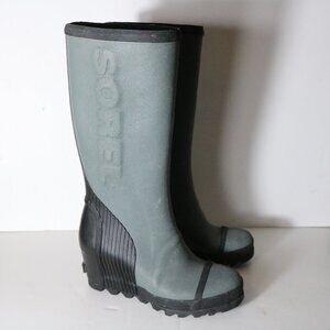 Sorel Joan Tall Wedge Rain Boots Womens 9 Gray Rubber Pull On Waterproof Black